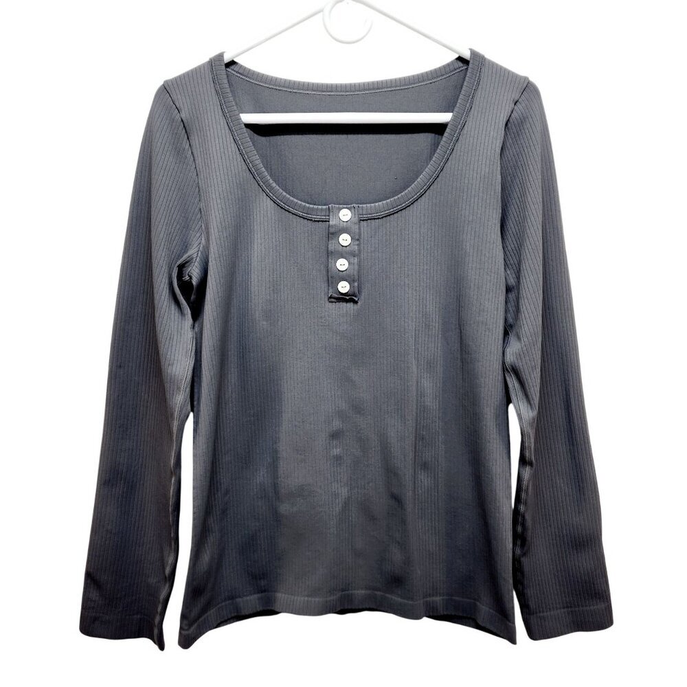 Womens Gray Ribbed Long-Sleeve Henley Top By OQQ Nylon Spandex Blend Size L